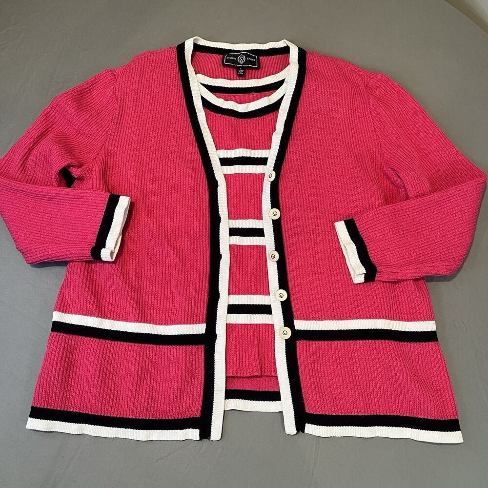 2 Piece ST. JOHN SPORT Marie Gray Large CARDIGAN & TANK TOP Hot Pink Striped